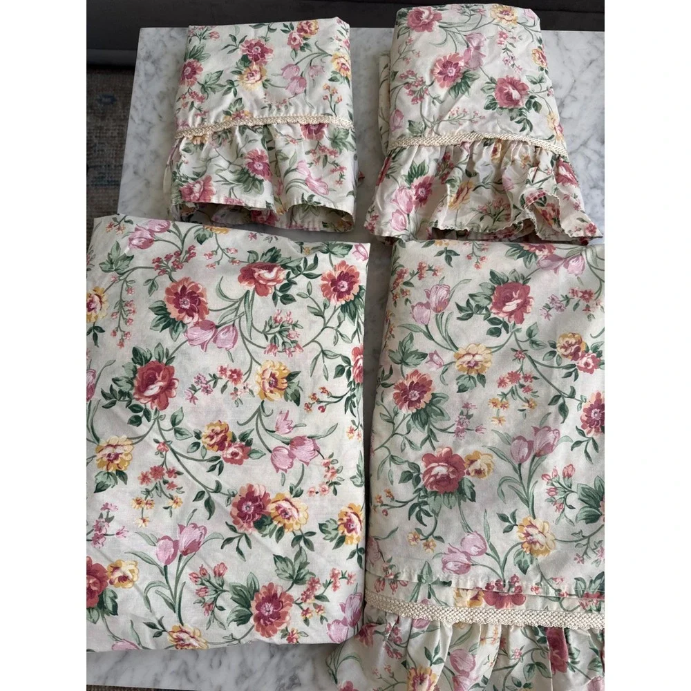 Vintage Croscill Home Fashions Full Sheet Set Floral Ruffle Pink Cream 4pc